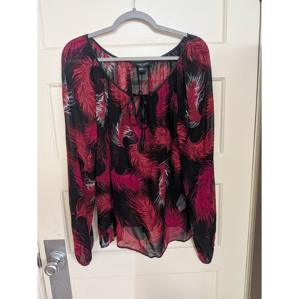 Karen Kane 100% Silk Feather Print Whimsigoth Office Blouse Black Red Size Large